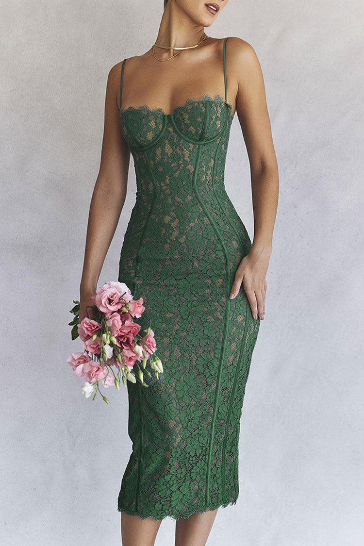 Vintage Eyelash Sweetheart Bodycon Lace Cocktail Midi Dress - Green Fashionpara