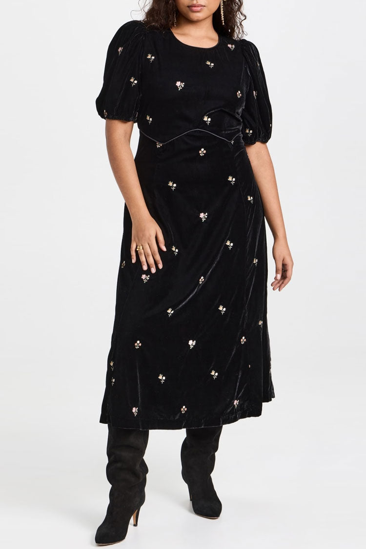 Vintage Floral Embroidery Puff Sleeve A Line Velvet Midi Dress - Black - Fashionpara