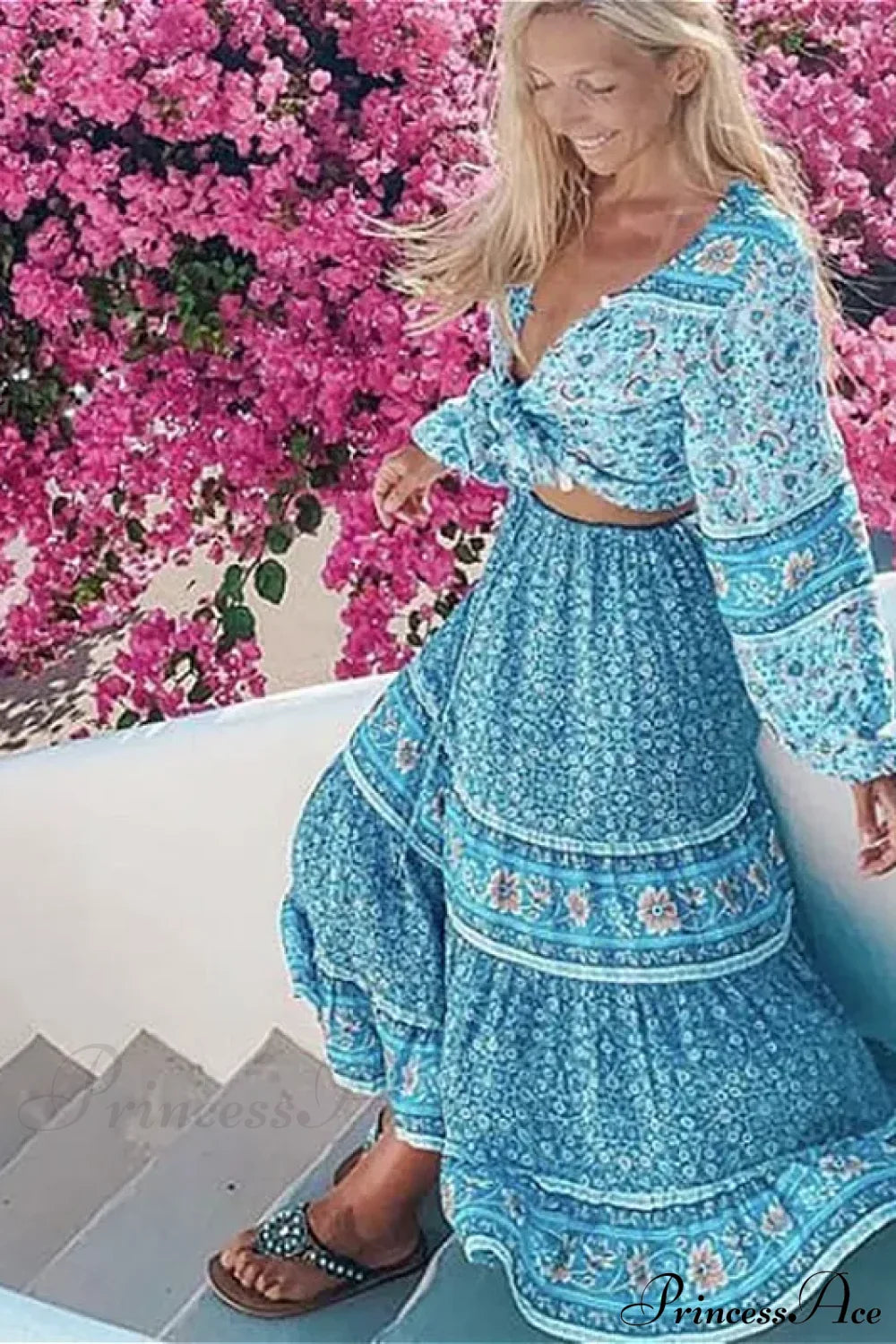 Vintage Floral Maxi Skirt Casual Beach Boho Rayon Elastic Waist Tie