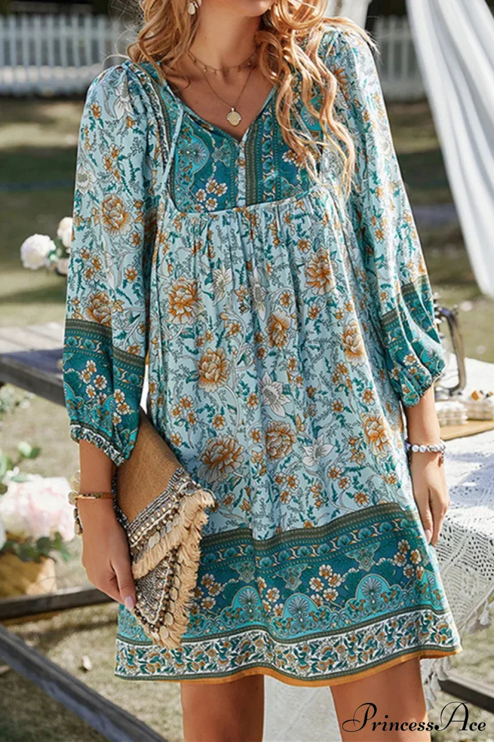 Vintage Floral Print Boho A-Line Dress