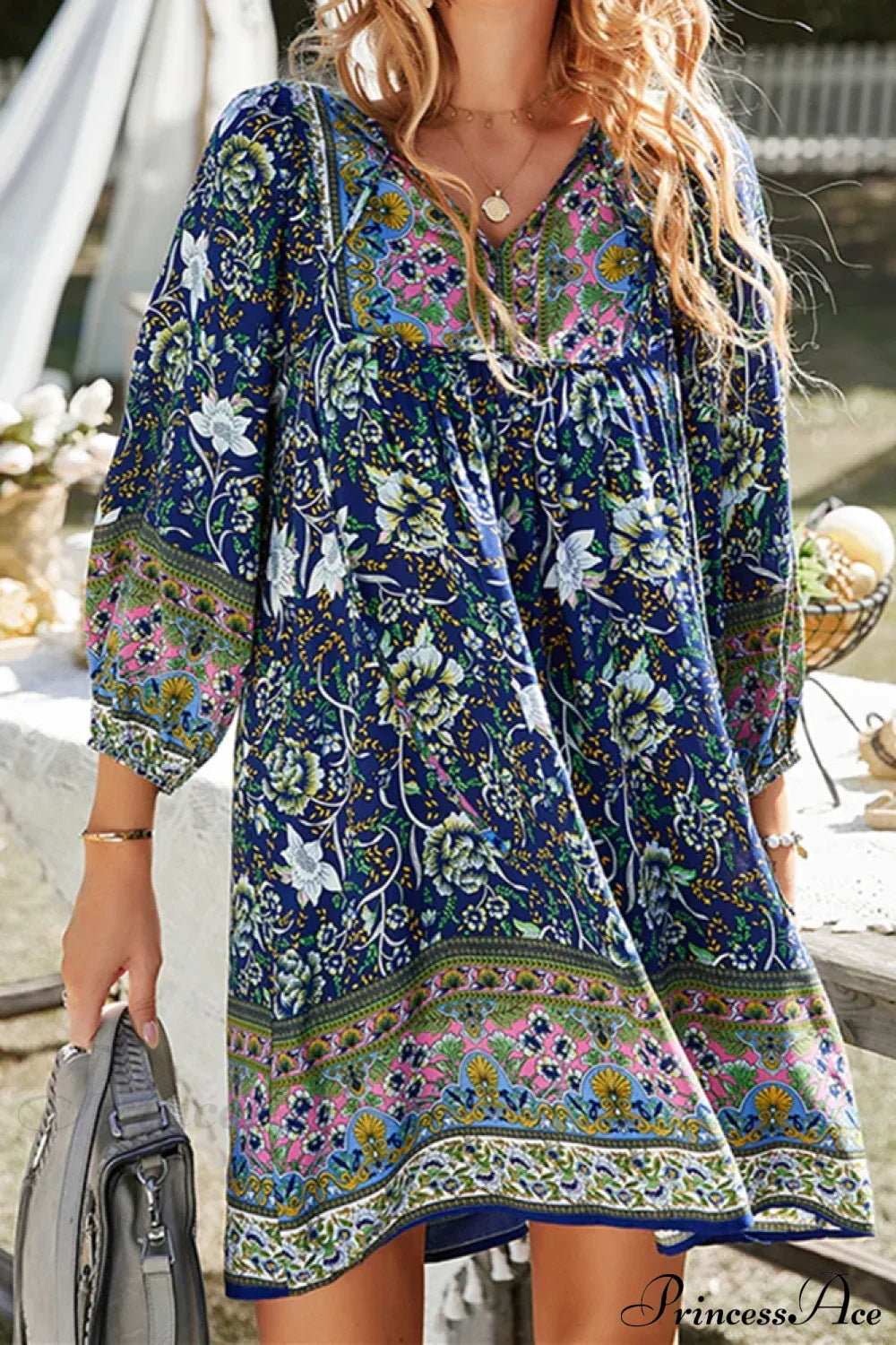 Vintage Floral Print Boho A-Line Dress Navy Blue / S bohodress-250126