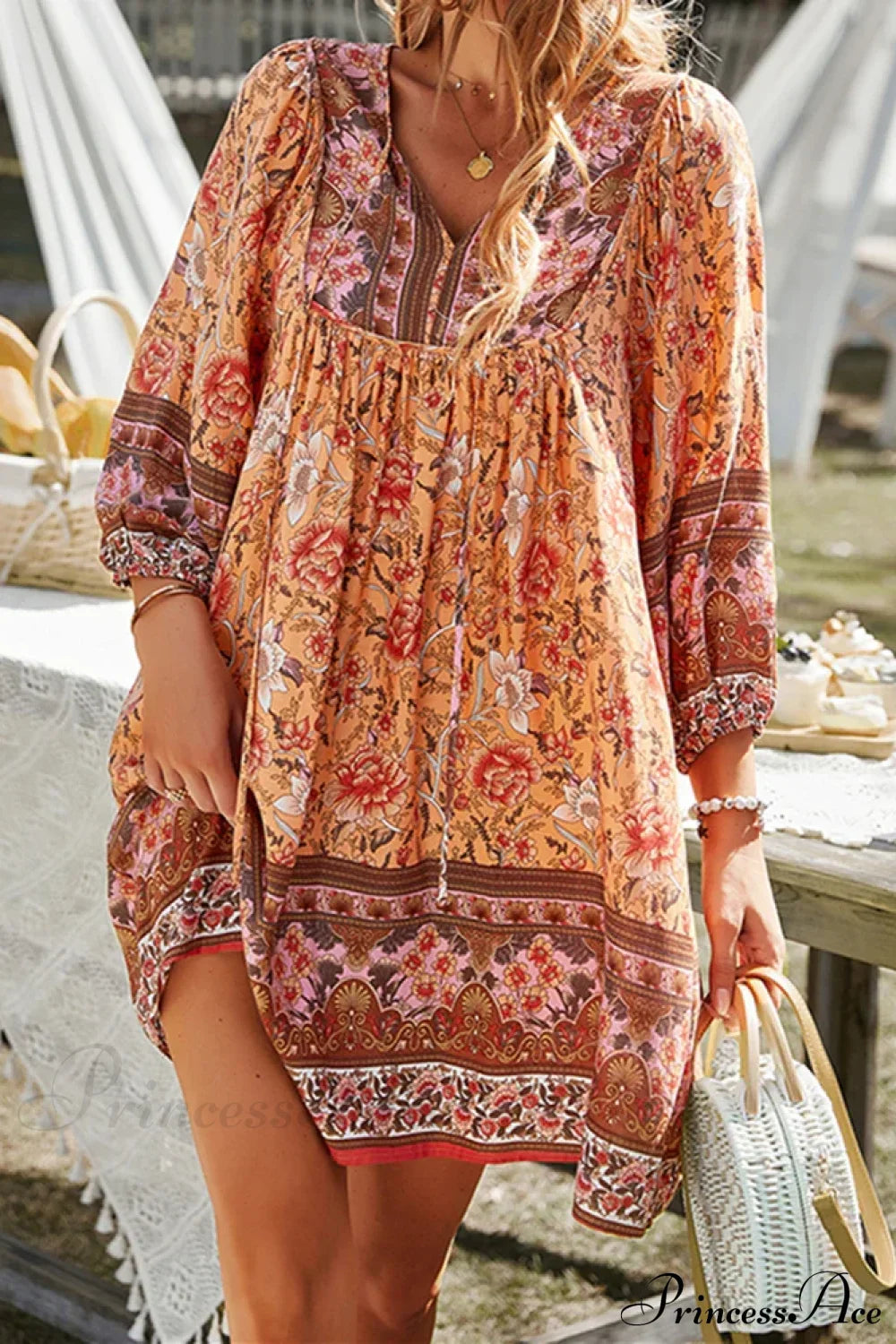 Vintage Floral Print Boho A-Line Dress Orange / S bohodress-250126