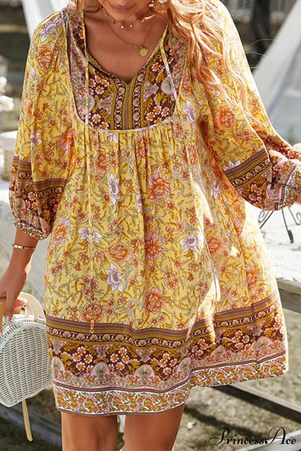Vintage Floral Print Boho A-Line Dress Yellow / S bohodress-250126