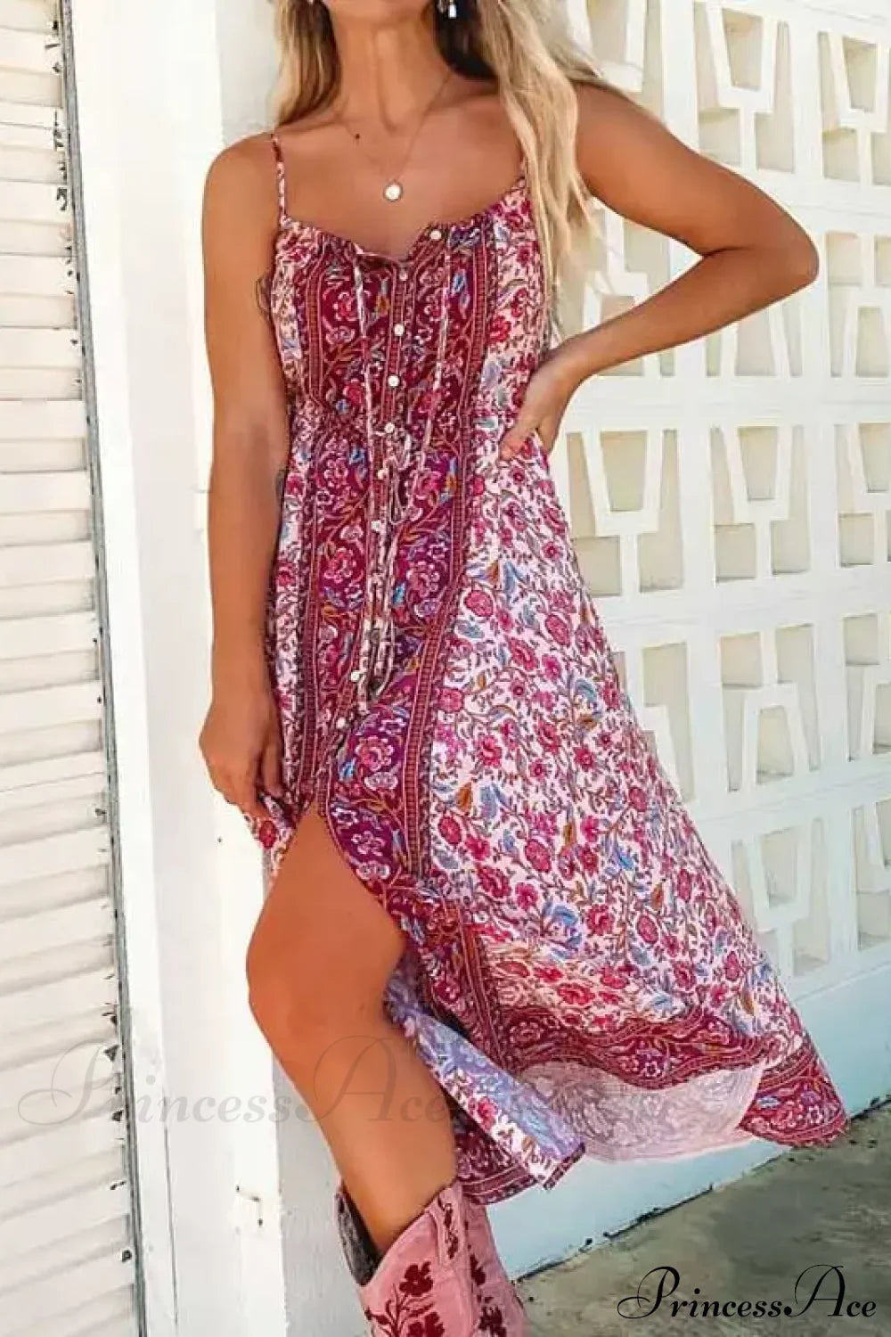 Vintage Floral Print Boho Midi Dress