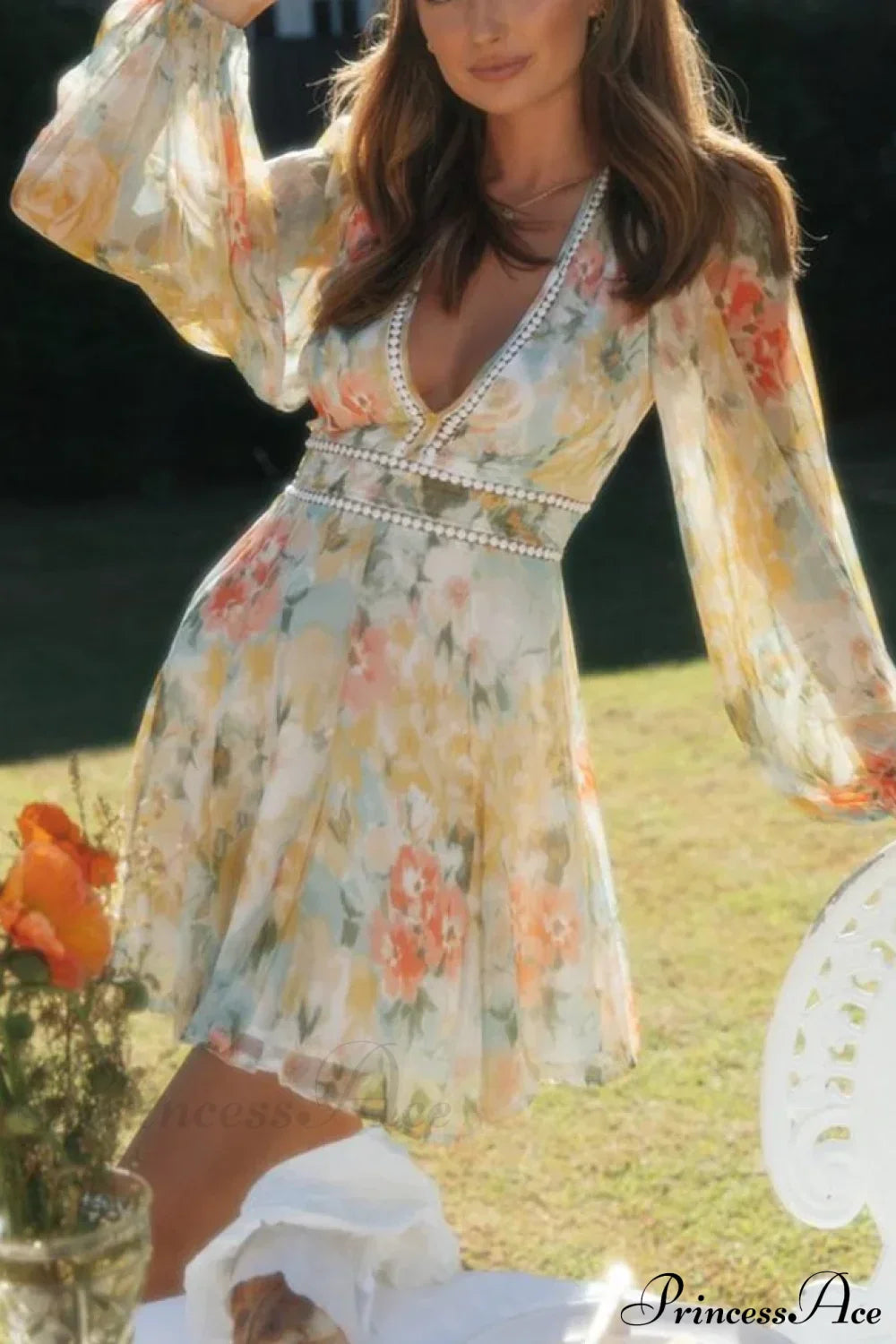 Vintage Floral Print Long Sleeve Hollow Out Sexy V-neck Mini Boho Dress Beige / S bohodress-250126