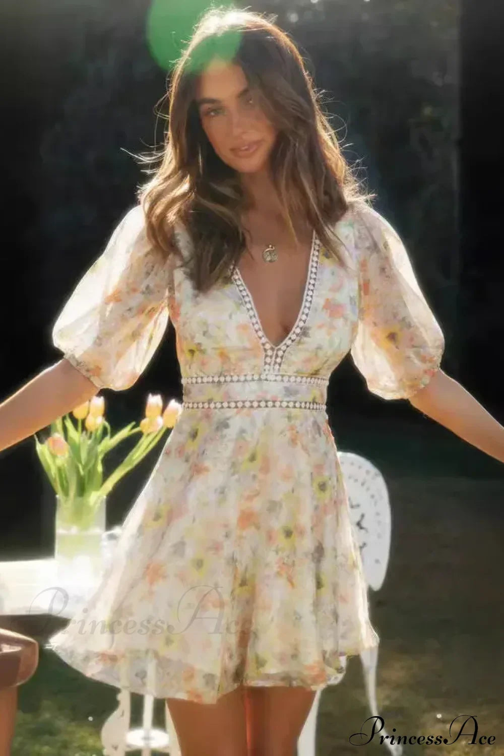 Vintage Floral Print Long Sleeve Hollow Out Sexy V-neck Mini Boho Dress