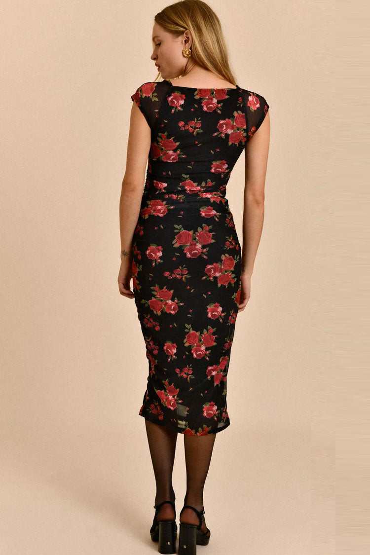 Vintage Floral Printed Cap Sleeve Mesh Ruched Bodycon Midi Dress - Black Fashionpara