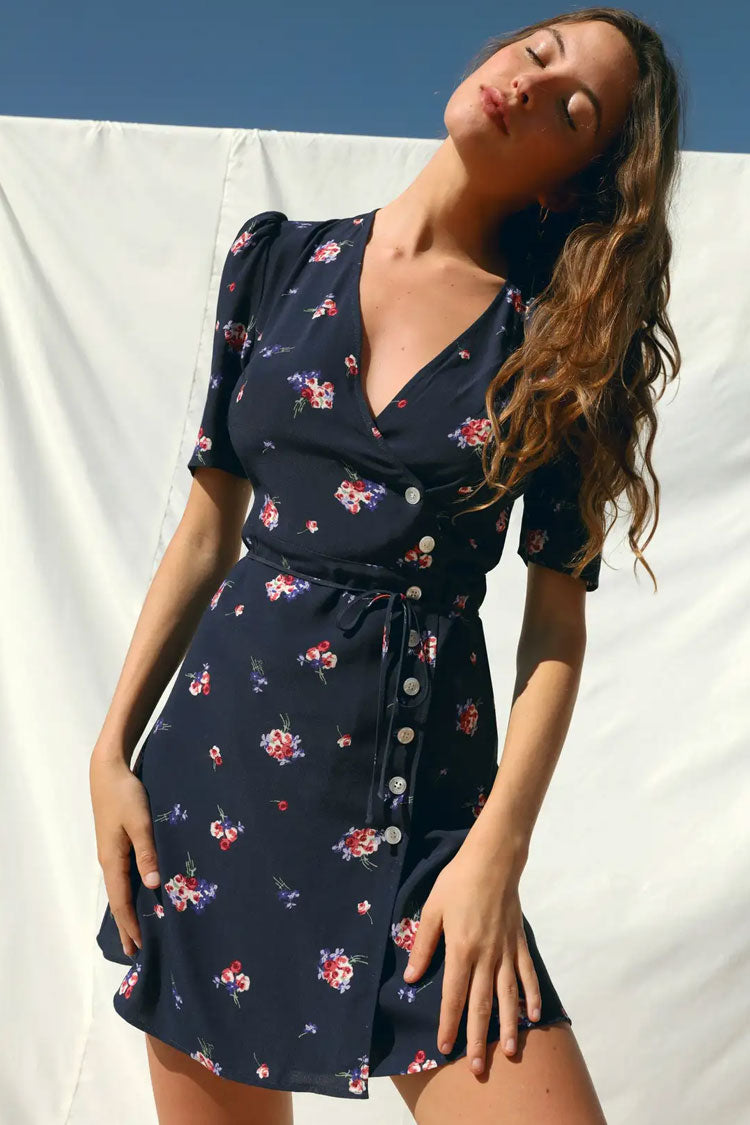 Vintage Floral Printed Puff Sleeve French Wrap Mini Dress - Navy Blue Fashionpara