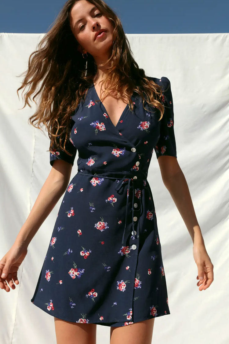 Vintage Floral Printed Puff Sleeve French Wrap Mini Dress - Navy Blue Fashionpara