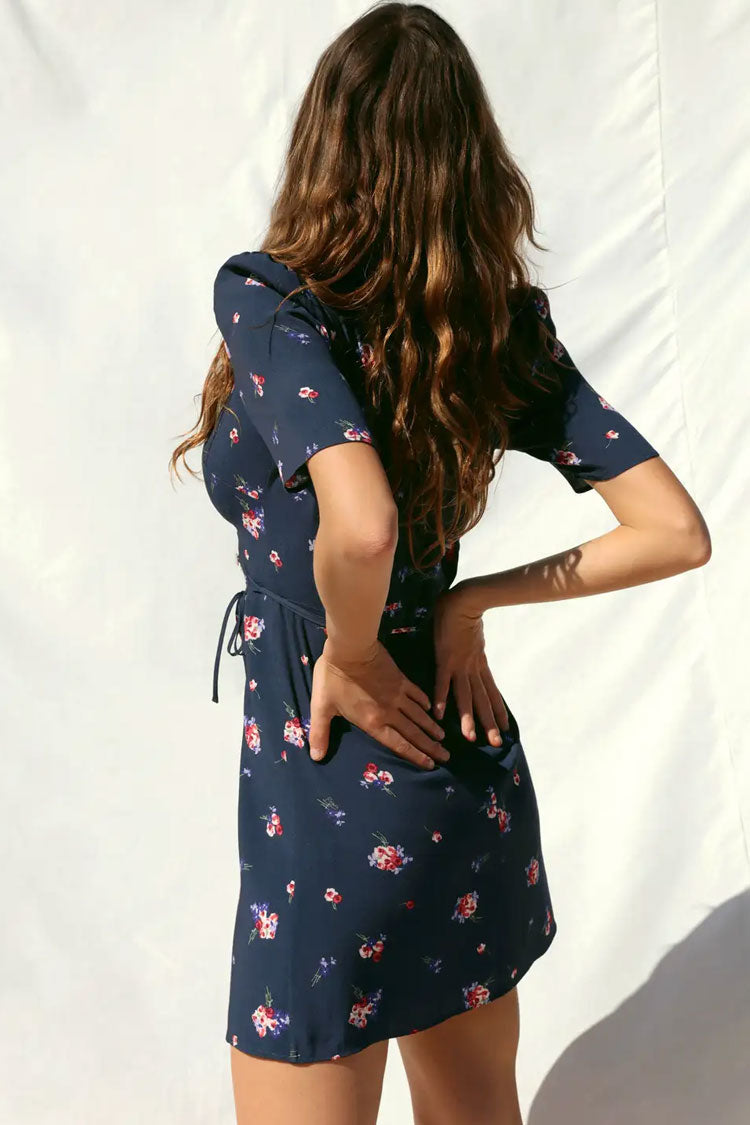 Vintage Floral Printed Puff Sleeve French Wrap Mini Dress - Navy Blue Fashionpara