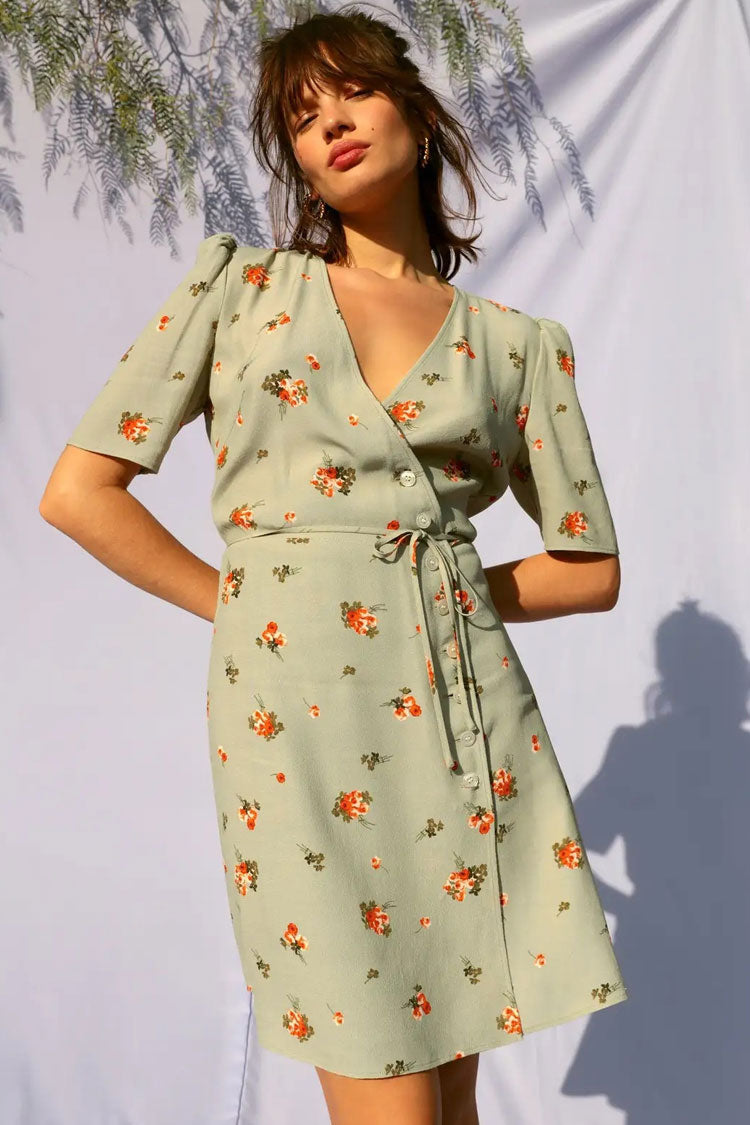 Vintage Floral Printed Puff Sleeve French Wrap Mini Dress - Sage Green Fashionpara