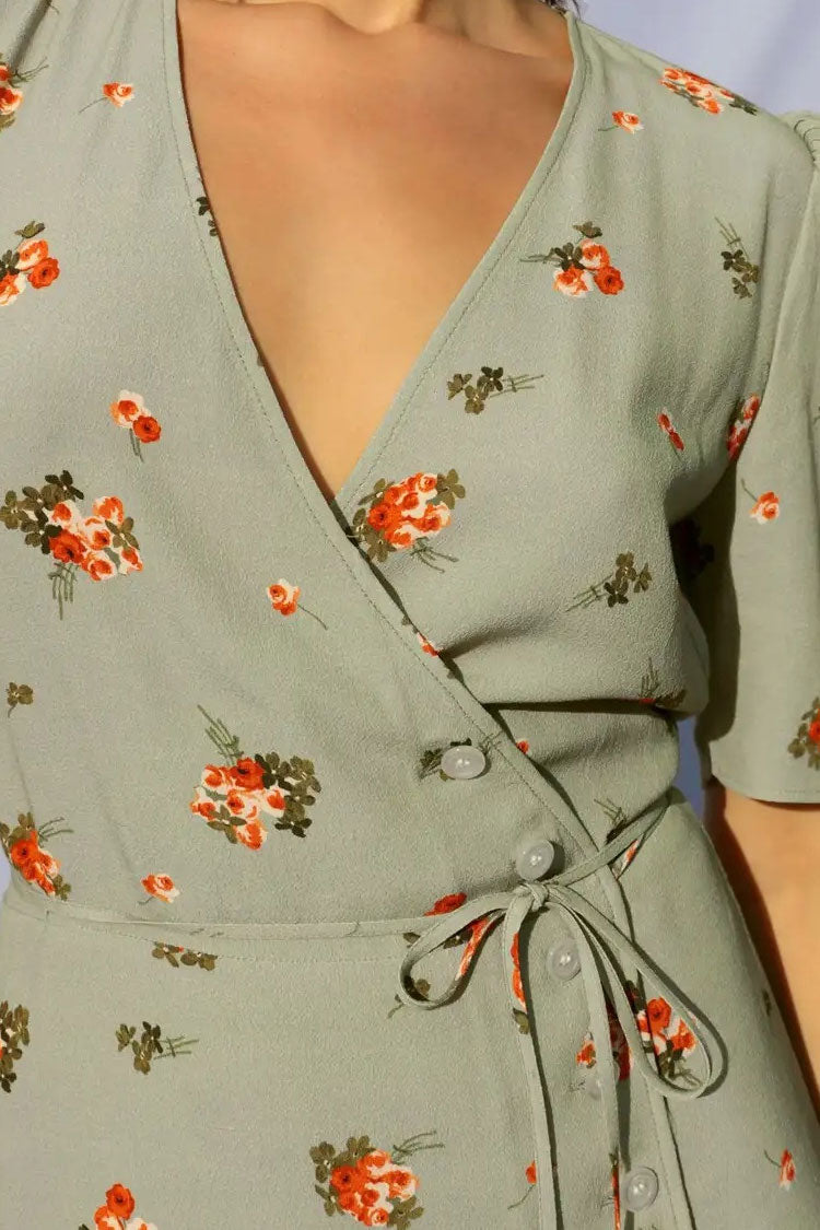 Vintage Floral Printed Puff Sleeve French Wrap Mini Dress - Sage Green Fashionpara