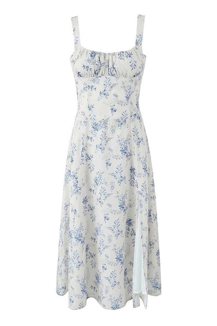 Vintage Floral Printed Suspender Strap Ruched Split Summer Midi Sundress