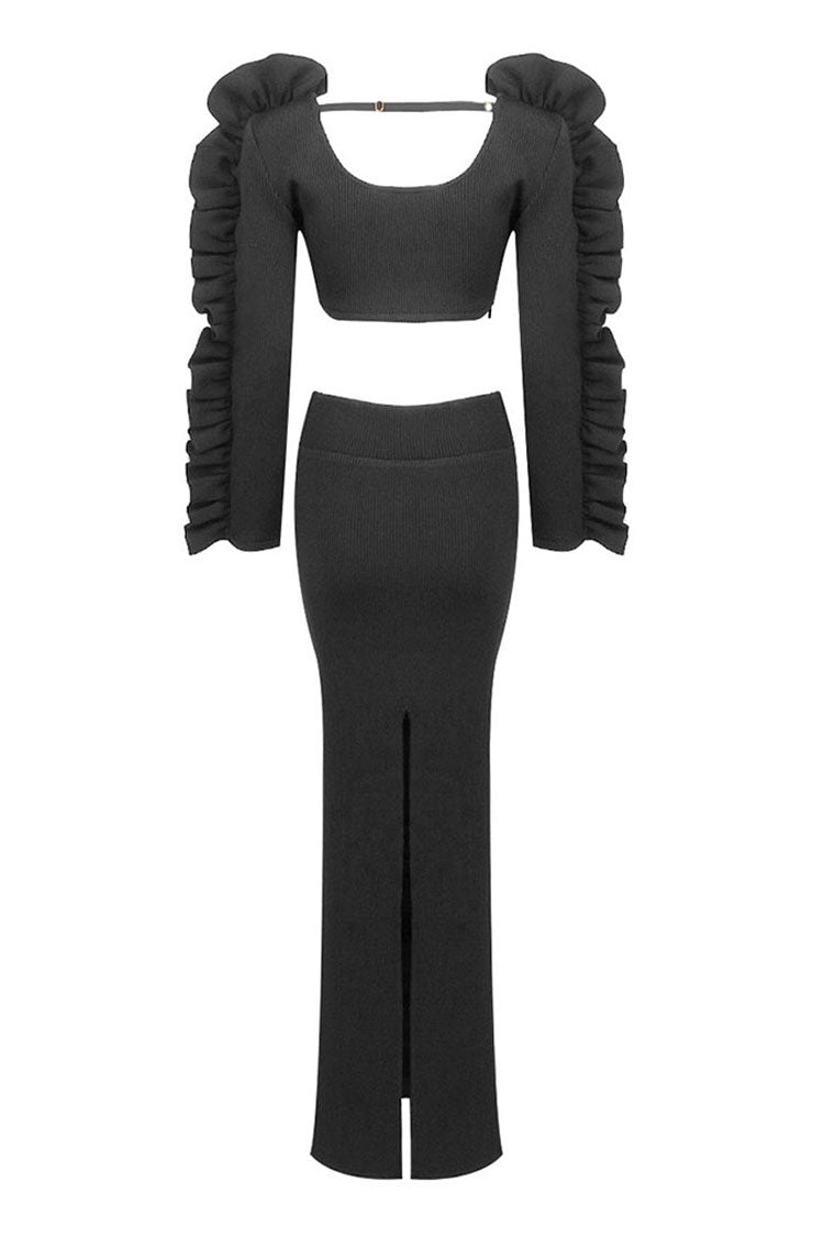 Vintage Flower Ruffle Long Sleeve High Waist Bandage Knit Two Piece Maxi Dress - Fashionpara