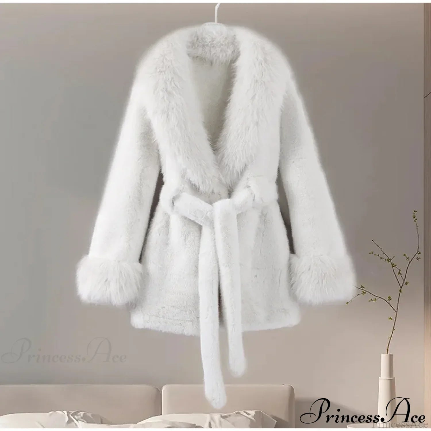 Vintage Fox Fur Belted Luxury Coat Milky White / L