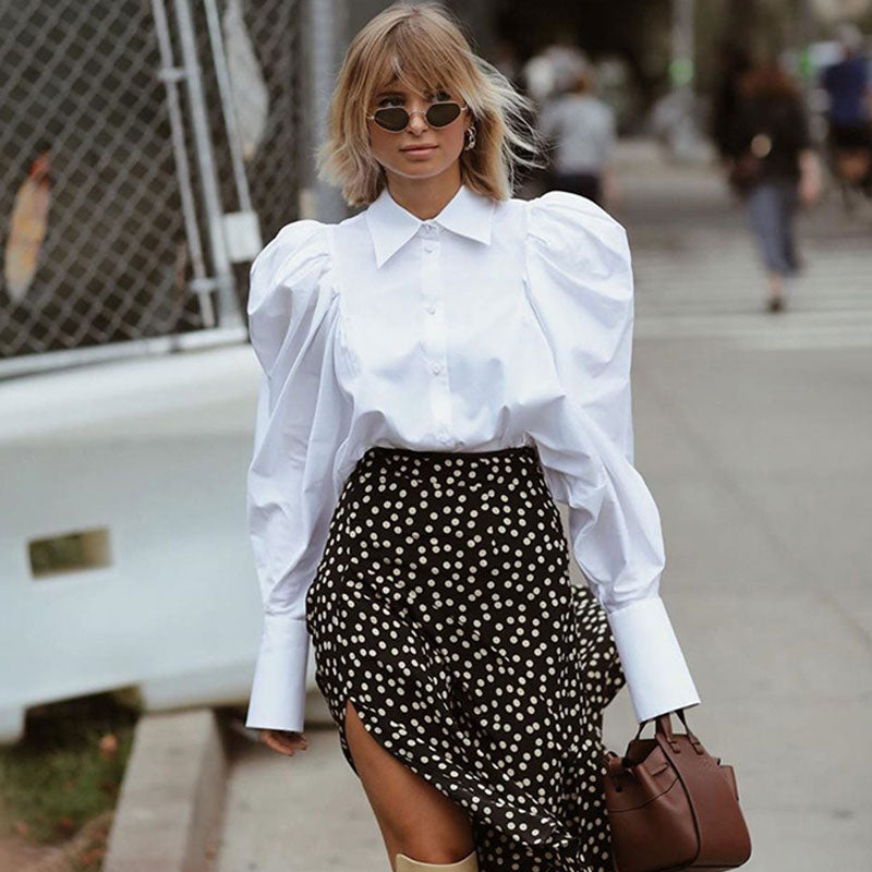 Vintage Frilled Puff Sleeve Pointed Collar Button Up Blouse - White