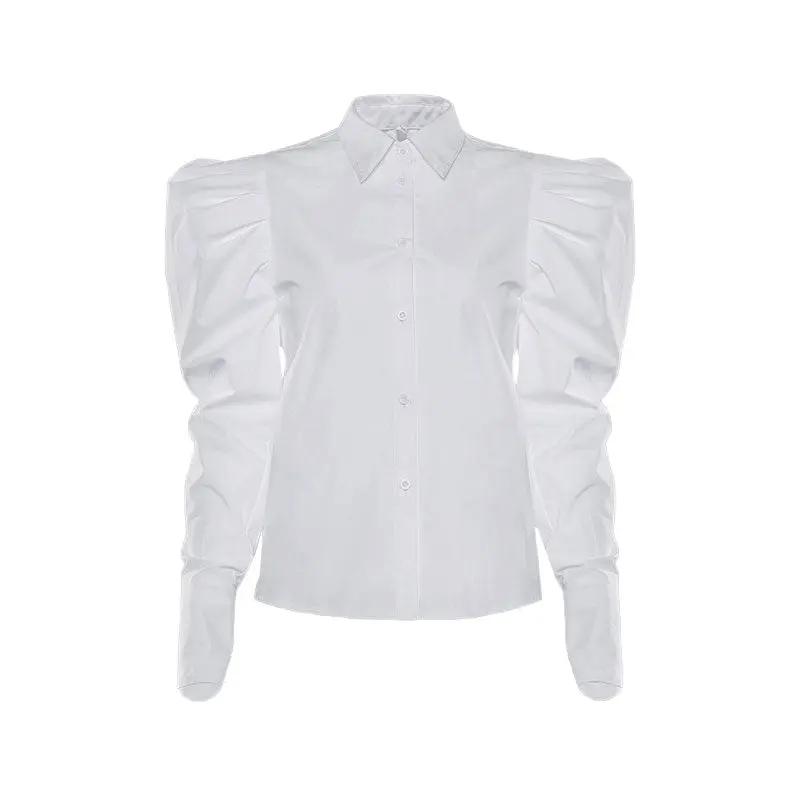 Vintage Frilled Puff Sleeve Pointed Collar Button Up Blouse - White  Fashionpara