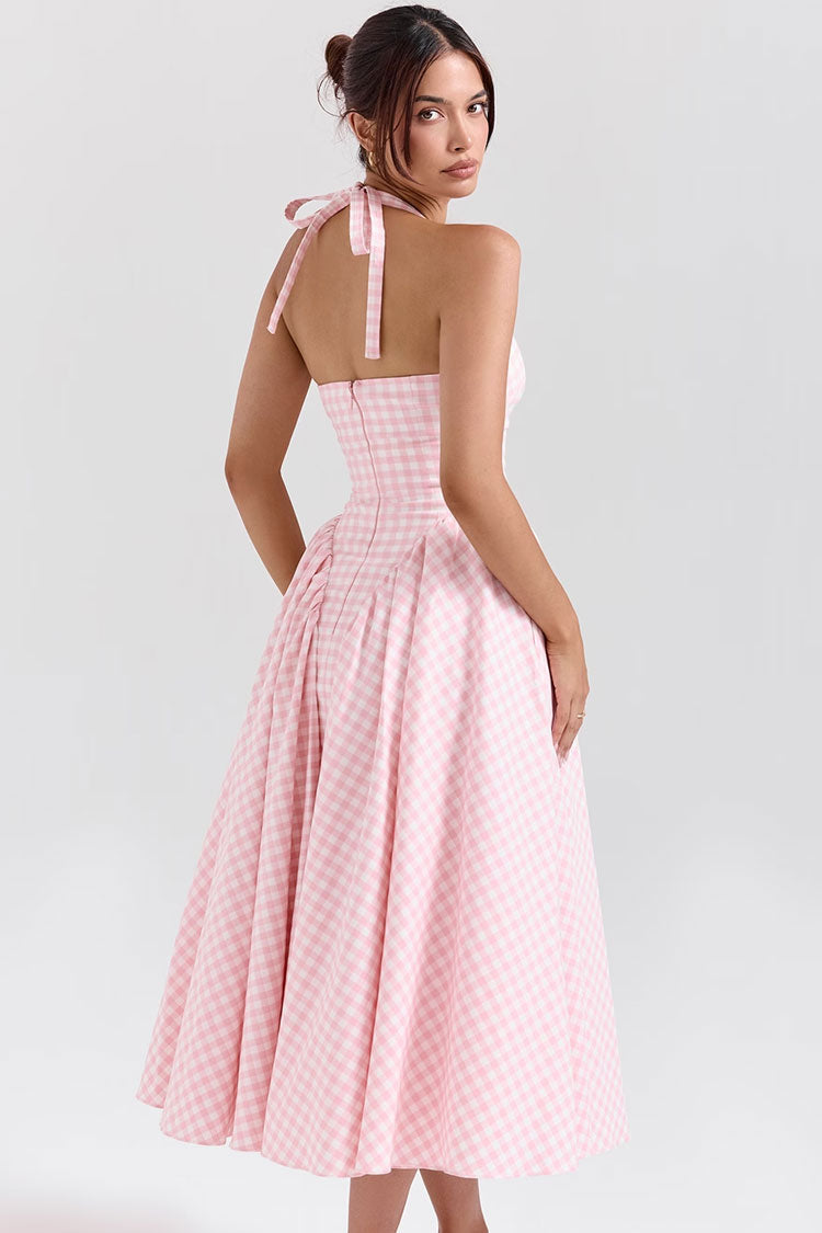 Vintage Gingham Print Halter V Neck Ruffle Drop Waist Vacation Midi Dress - Fashionpara