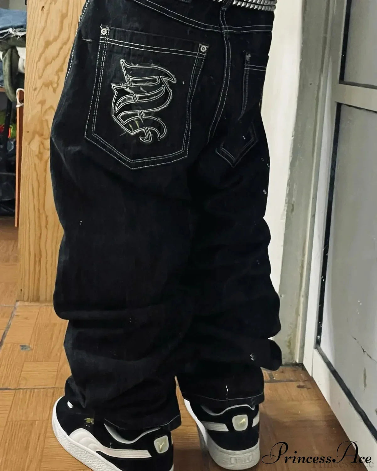 Vintage Gothic Cross Wings Stitched Pant black1 / M