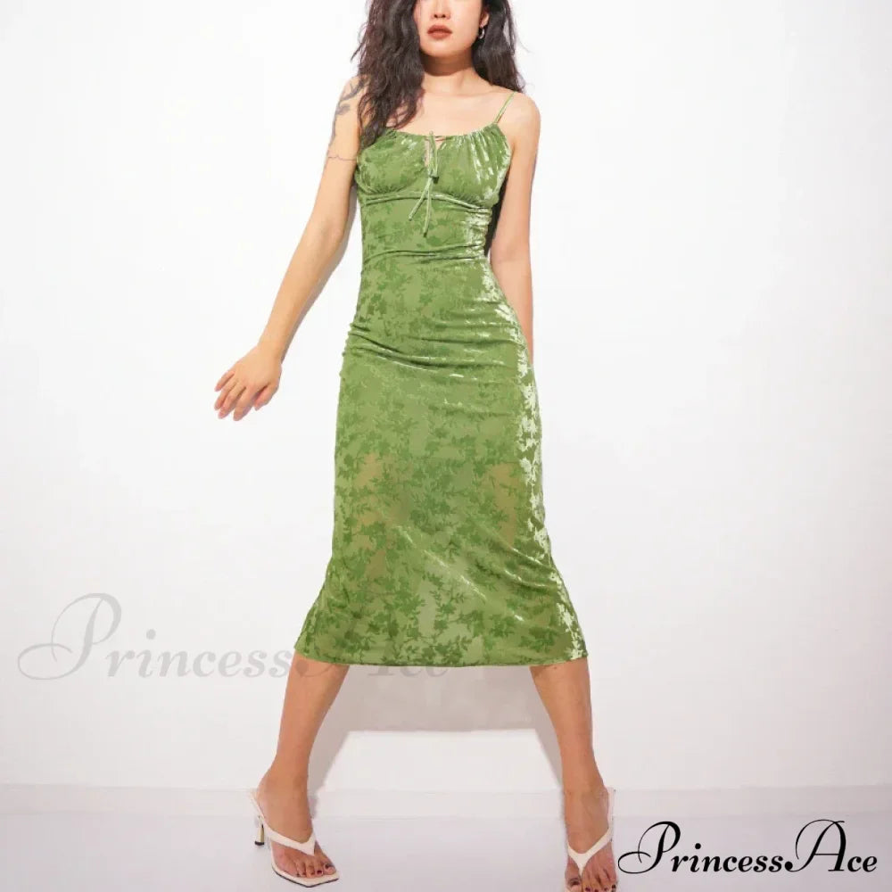 Vintage Green Velvet Burnt Flower Long Strap Backless Sleeveless Boho Christmas Party Dress