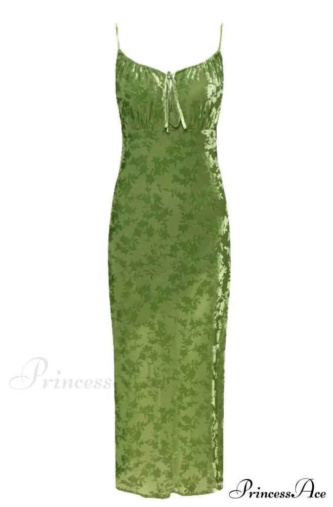Vintage Green Velvet Burnt Flower Long Strap Backless Sleeveless Boho Christmas Party Dress / S