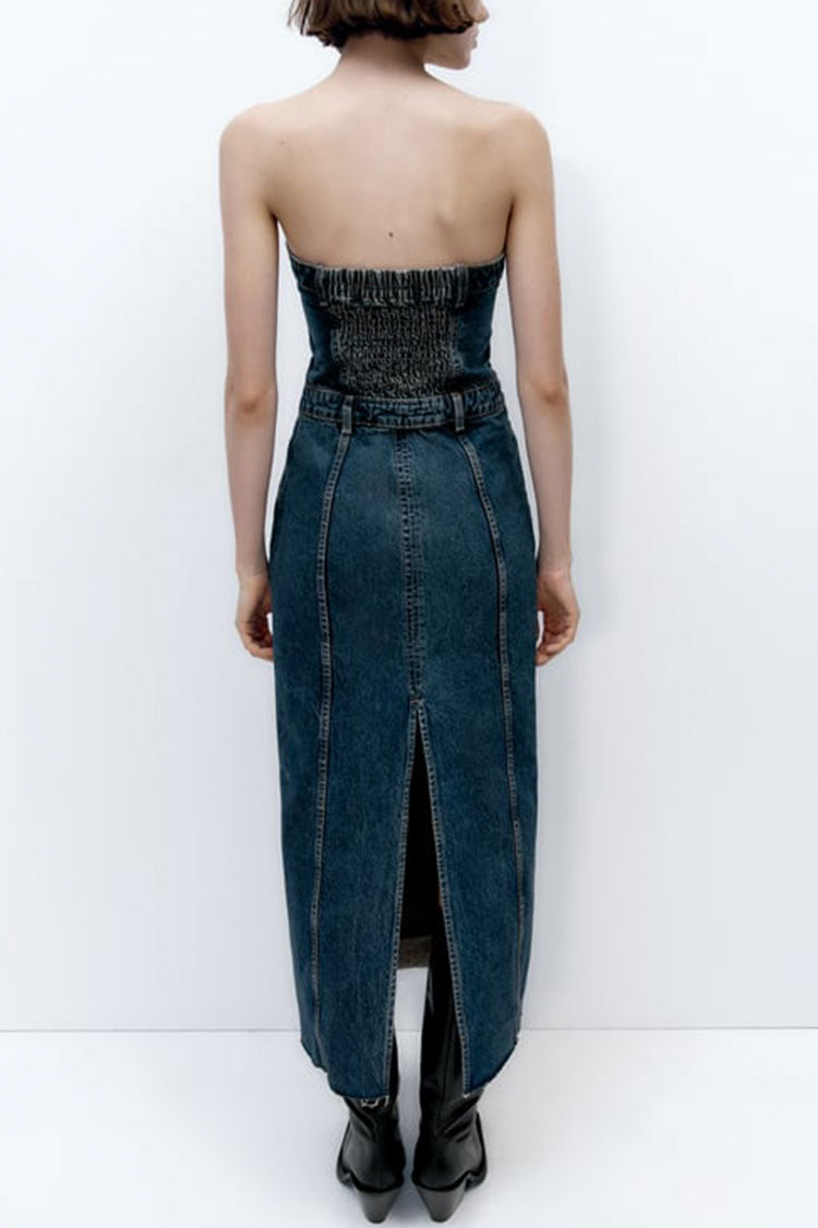 Vintage Half Button Split Back Strapless Faded Denim Maxi Dress - Blue Fashionpara