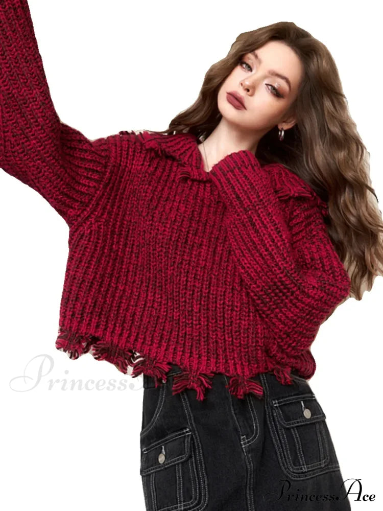 Vintage Harajuku Aesthetic Elegant Long Sleeves Red Pullover Christmas Sweater