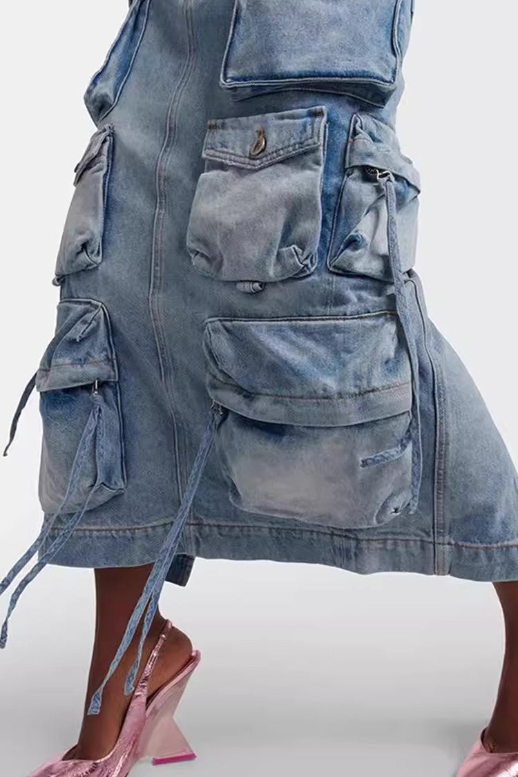 Vintage High Waist Draped Cargo Pocket Split Back Fade Denim Midi Skirt