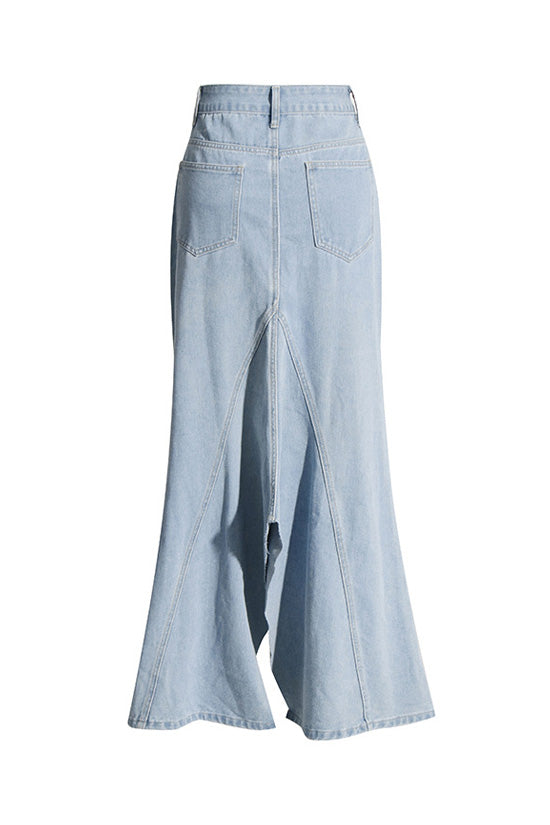 Vintage High Waist Split Mermaid Paneled Effect Faded Denim Maxi Skirt - Fashionpara