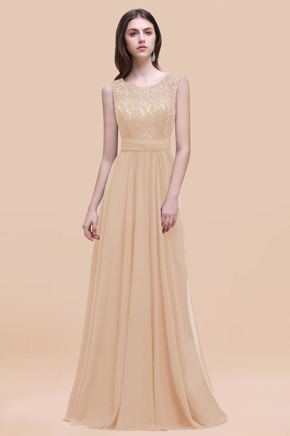 Vintage Lace Scoop Sleeveless Dark Blue Bridesmaid Dresses with V-Back - Fashionpara