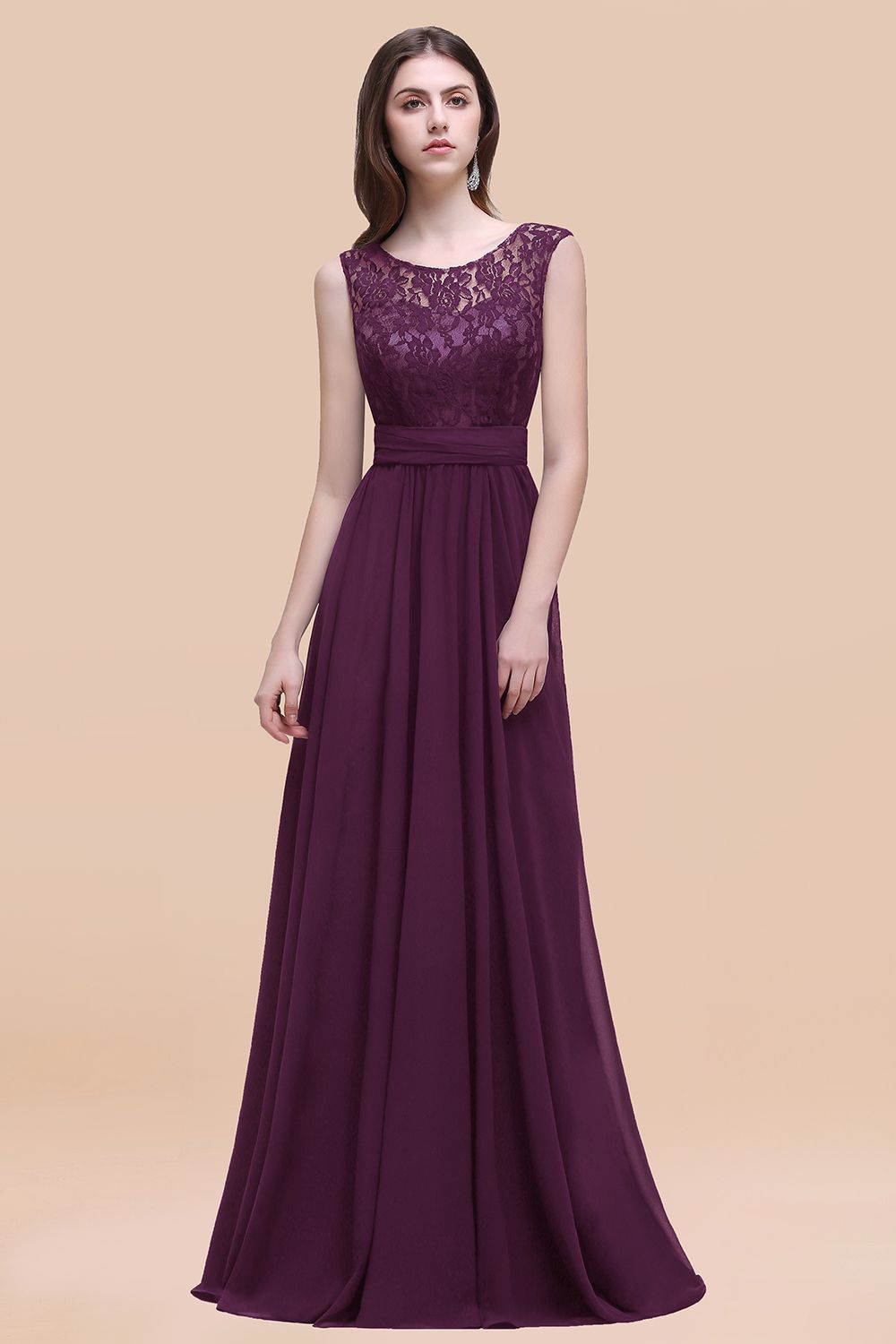 Vintage Lace Scoop Sleeveless Dark Blue Bridesmaid Dresses with V-Back - Fashionpara