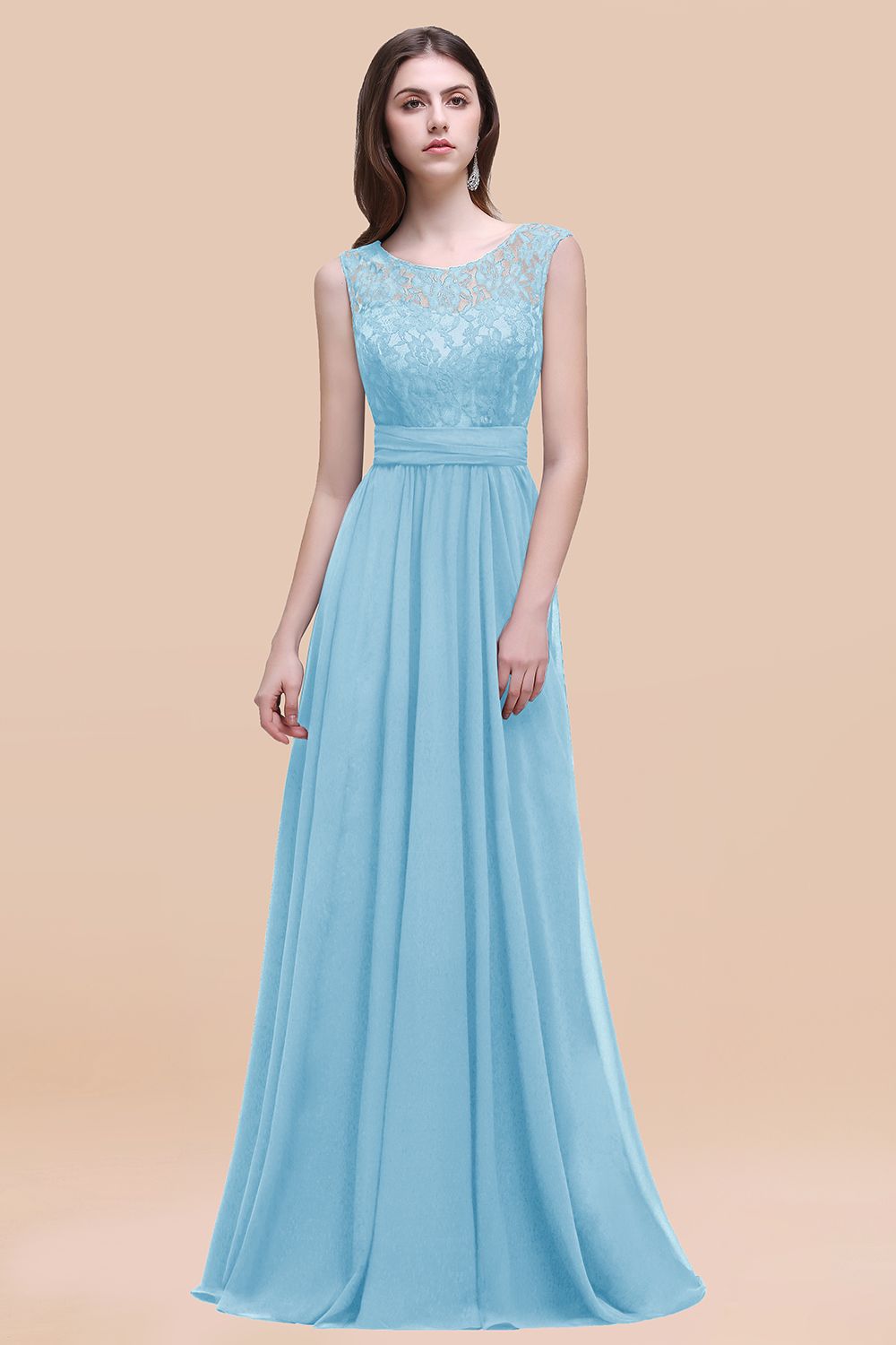 Vintage Lace Scoop Sleeveless Dark Blue Bridesmaid Dresses with V-Back - Fashionpara