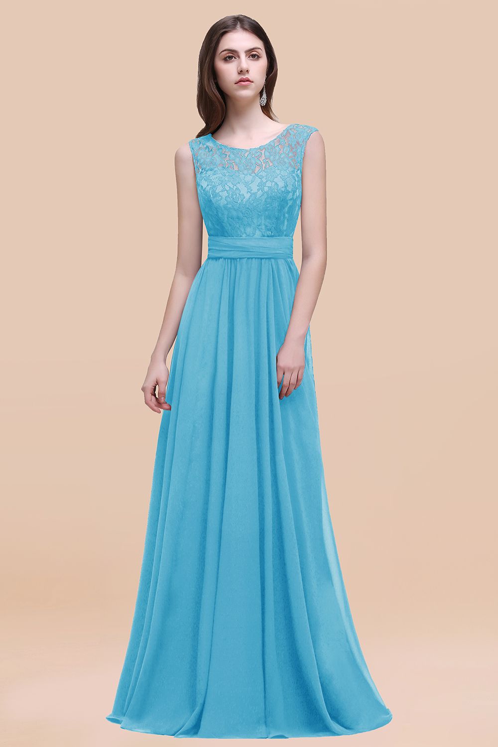 Vintage Lace Scoop Sleeveless Dark Blue Bridesmaid Dresses with V-Back - Fashionpara