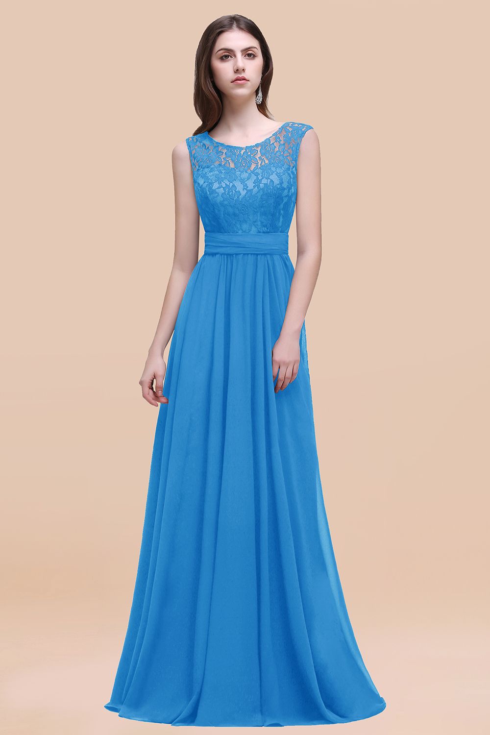Vintage Lace Scoop Sleeveless Dark Blue Bridesmaid Dresses with V-Back - Fashionpara