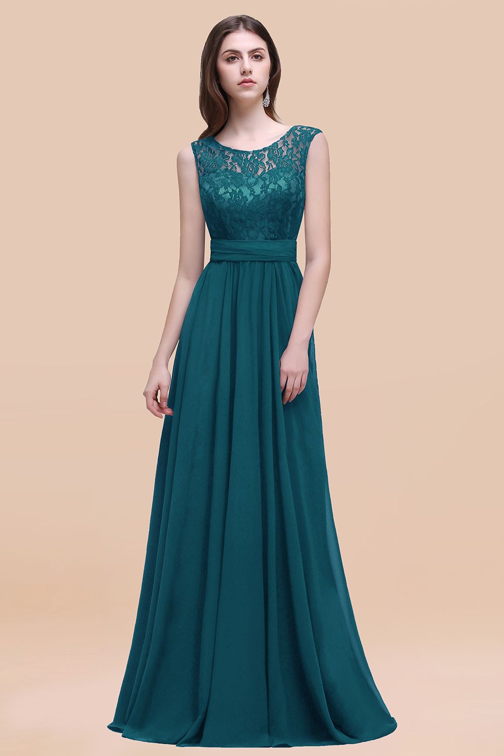Vintage Lace Scoop Sleeveless Dark Blue Bridesmaid Dresses with V-Back - Fashionpara