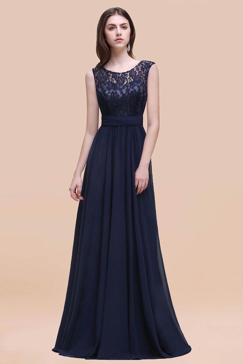 Vintage Lace Scoop Sleeveless Dark Blue Bridesmaid Dresses with V-Back - Fashionpara
