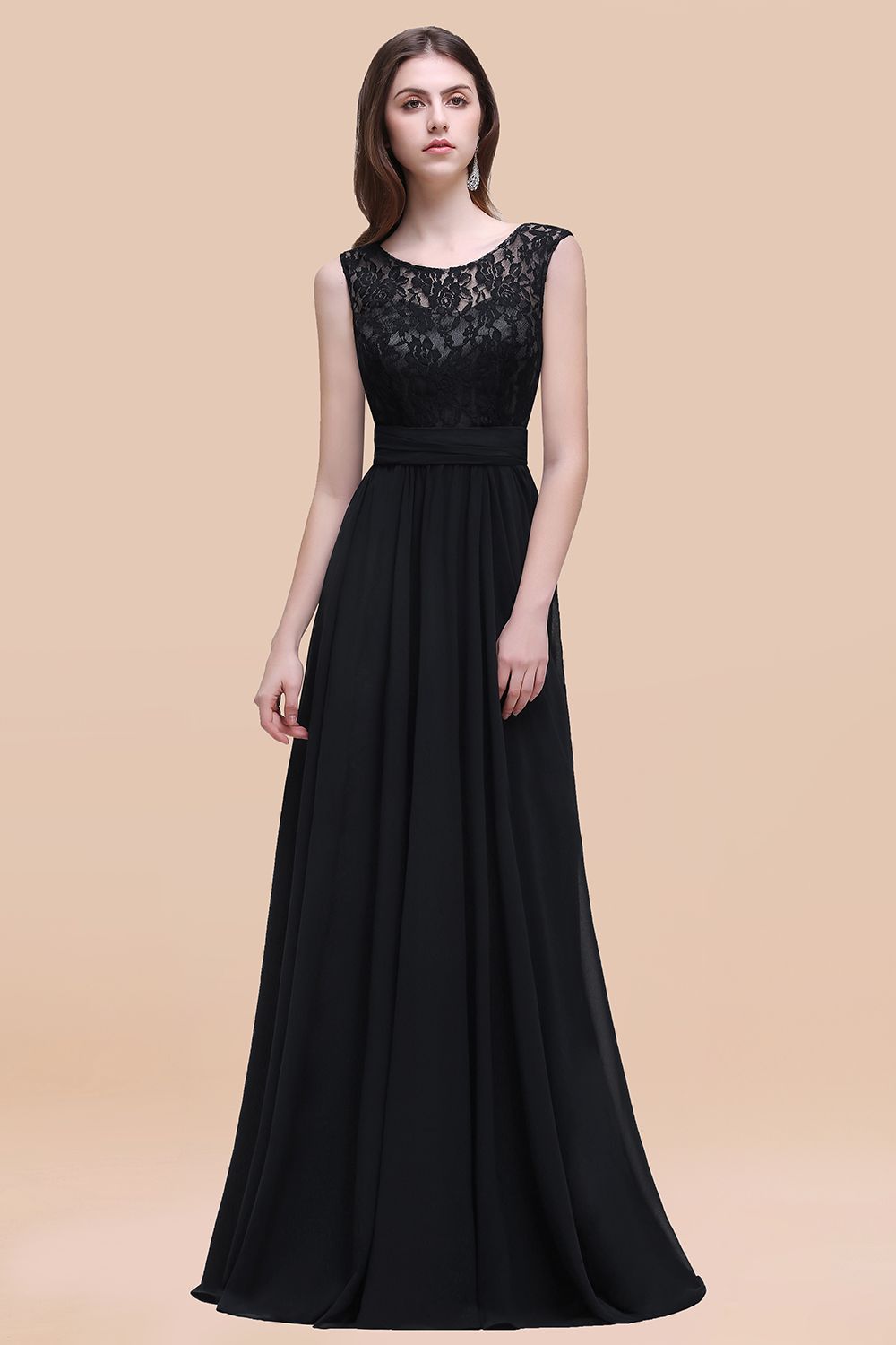 Vintage Lace Scoop Sleeveless Dark Blue Bridesmaid Dresses with V-Back - Fashionpara