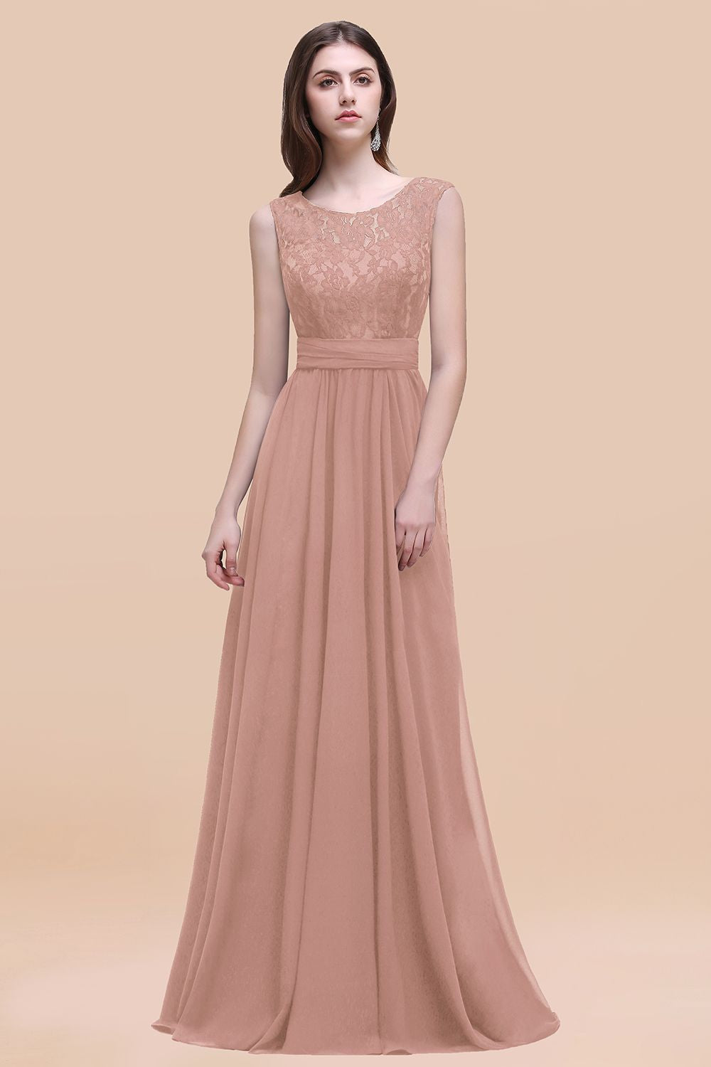 Vintage Lace Scoop Sleeveless Dark Blue Bridesmaid Dresses with V-Back - Fashionpara