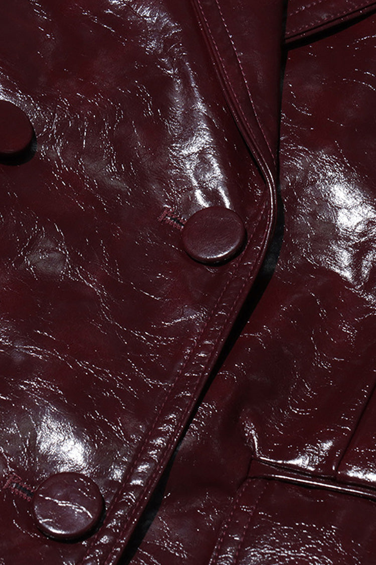 Vintage Lapel Double Breasted Faux Leather Blazer Two Piece Mini Dress - Fashionpara