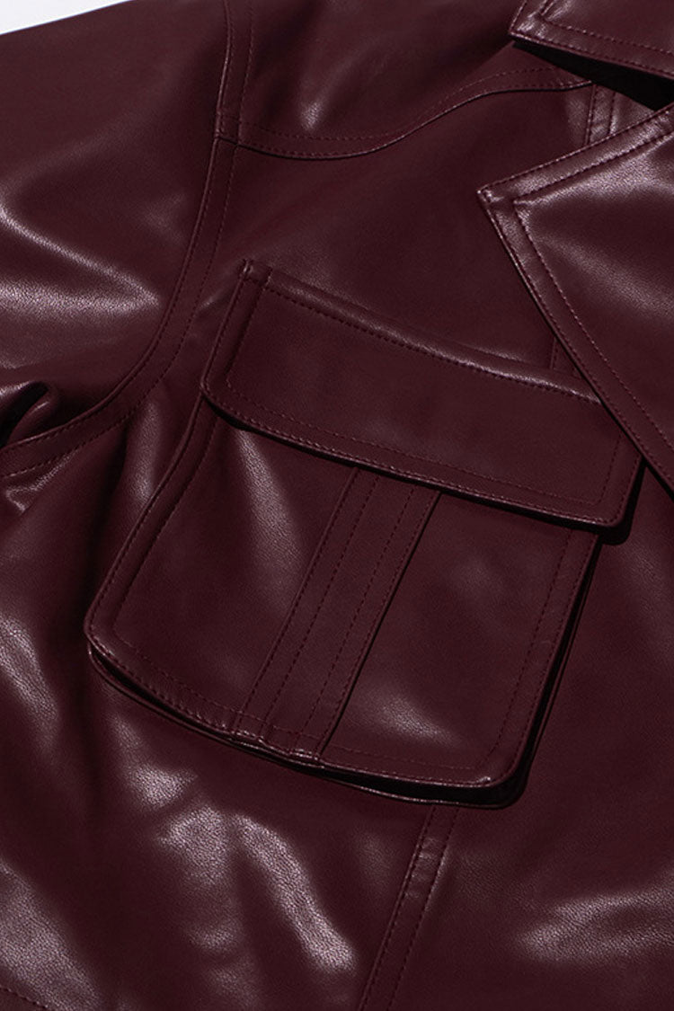 Vintage Faux Leather Crop Jacket with Lapel and Pocket Trim