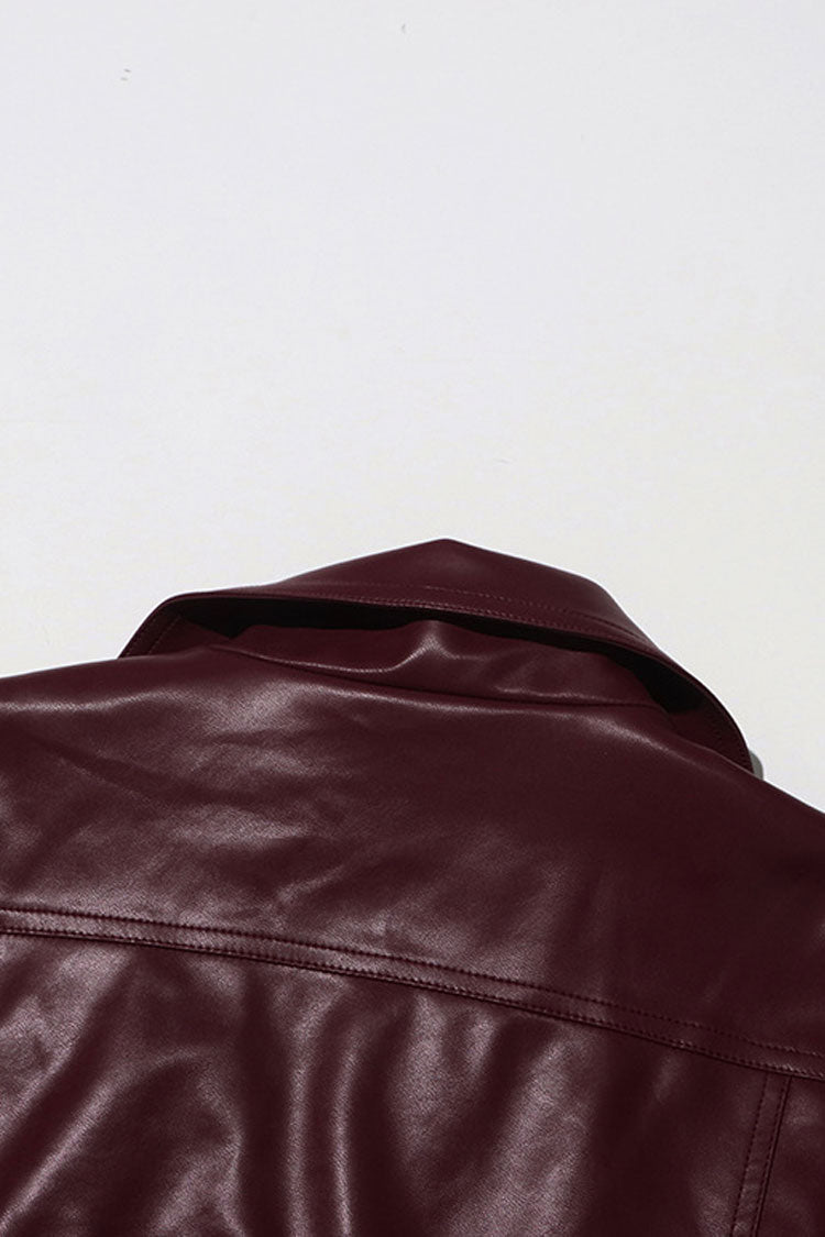 Vintage Faux Leather Crop Jacket with Lapel and Pocket Trim