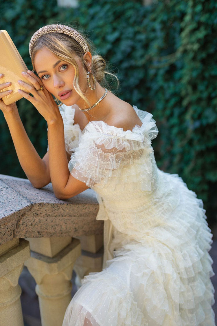 Vintage Layered Ruffle Off Shoulder Dotted Tulle Cocktail Midi Dress - Apricot Fashionpara