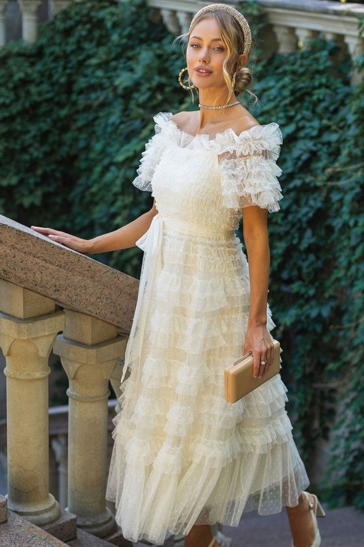 Vintage Layered Ruffle Off Shoulder Dotted Tulle Cocktail Midi Dress - Apricot Fashionpara