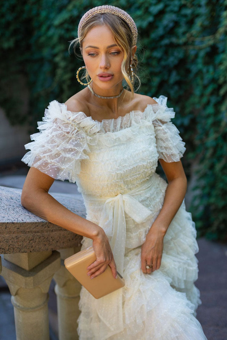 Vintage Layered Ruffle Off Shoulder Dotted Tulle Cocktail Midi Dress - Apricot Fashionpara