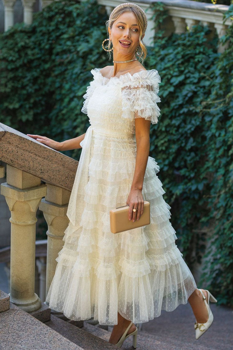 Vintage Layered Ruffle Off Shoulder Dotted Tulle Cocktail Midi Dress - Apricot Fashionpara