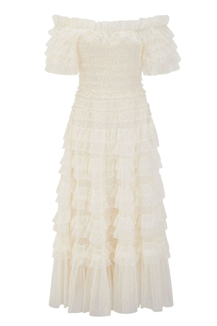 Vintage Layered Ruffle Off Shoulder Dotted Tulle Cocktail Midi Dress - Apricot Fashionpara