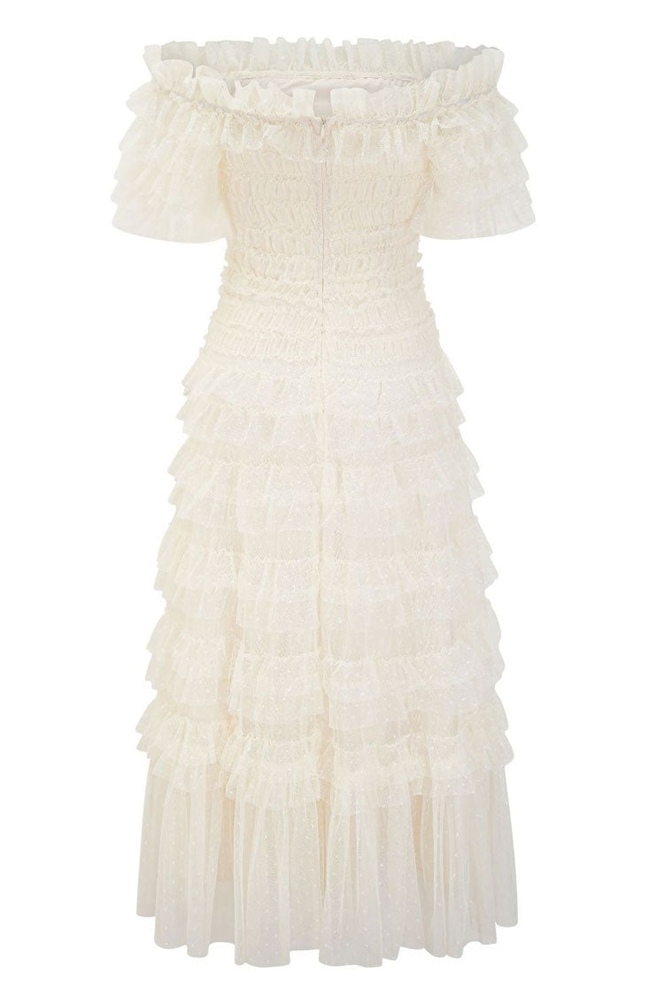 Vintage Layered Ruffle Off Shoulder Dotted Tulle Cocktail Midi Dress - Apricot Fashionpara