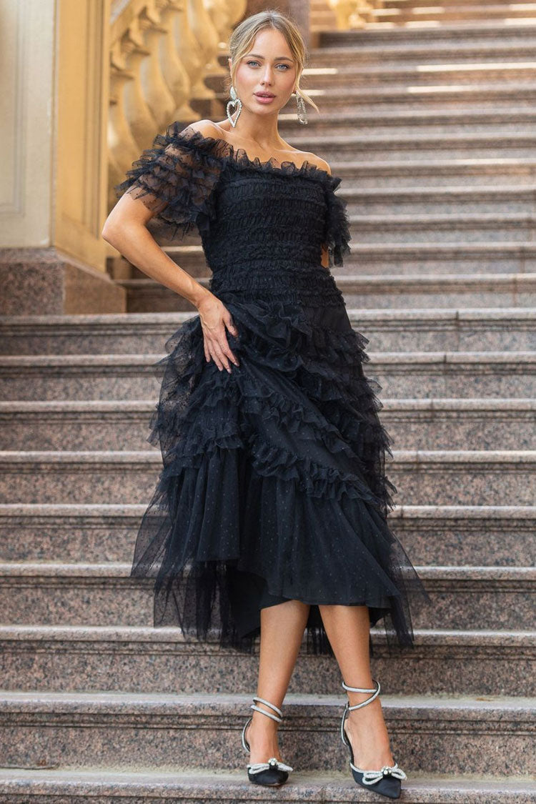 Vintage Layered Ruffle Off Shoulder Dotted Tulle Cocktail Midi Dress - Black Fashionpara