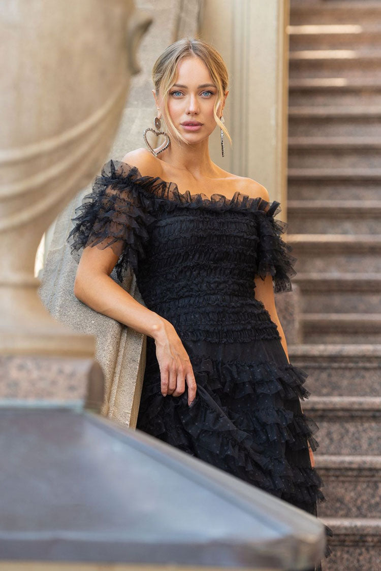 Vintage Layered Ruffle Off Shoulder Dotted Tulle Cocktail Midi Dress - Black Fashionpara