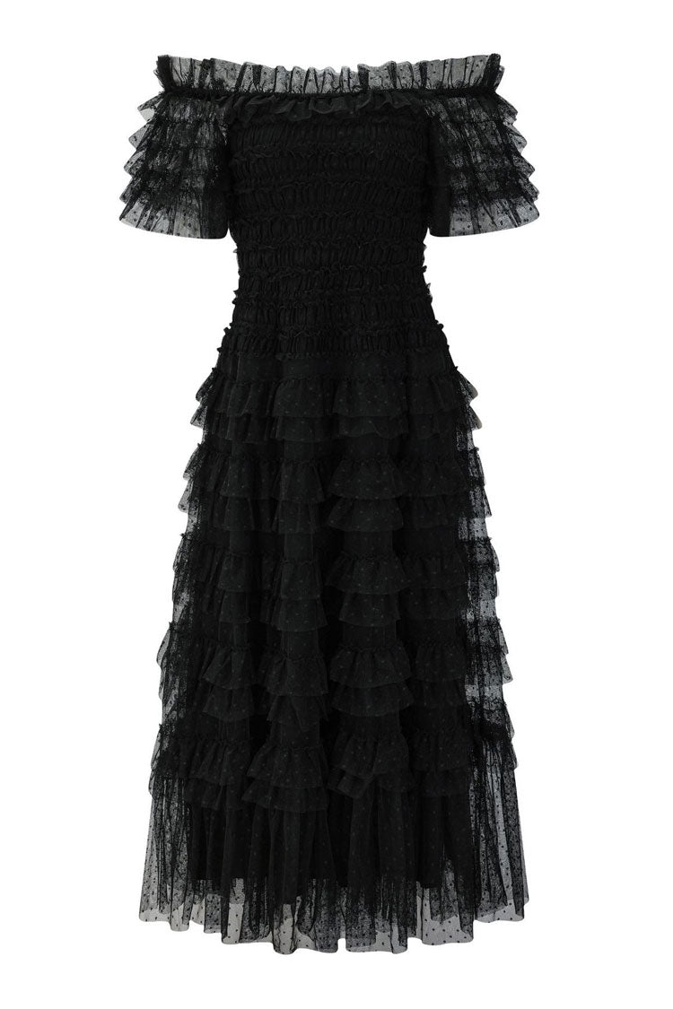 Vintage Layered Ruffle Off Shoulder Dotted Tulle Cocktail Midi Dress - Black Fashionpara